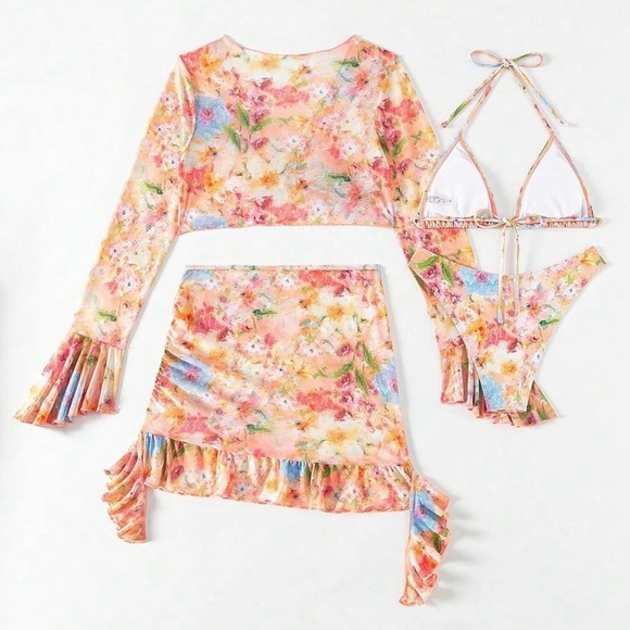 4 Piece Floral Halter Top Bikini Set with Sheer Cover Up & Ruffled Skirt - Picture 8 of 12